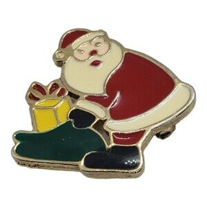 Vintage BJ Gold Tone Enamel Santa Clause Gift Present Red Green Christmas Pin